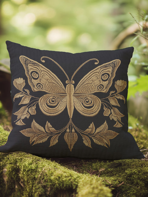 A black woven throw pillow featuring an embroidered gold Hamsa hand surrounded by intricate floral and botanical designs.